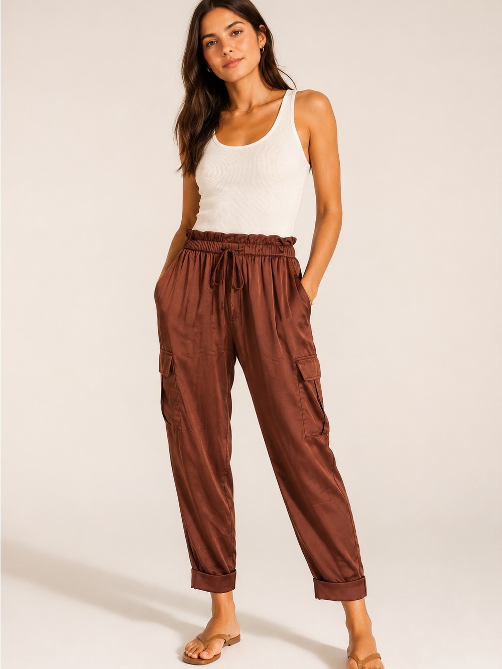 Cami NYC Carmen Silk Cargo Pants Sz XS Spice Brown Stretch Silk Utility Joggers